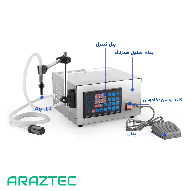 دستگاه پرکن مایعات رقیق دیجیتال تک نازل 5 الی 3500 میلی لیتر مدل F4 آرازتک