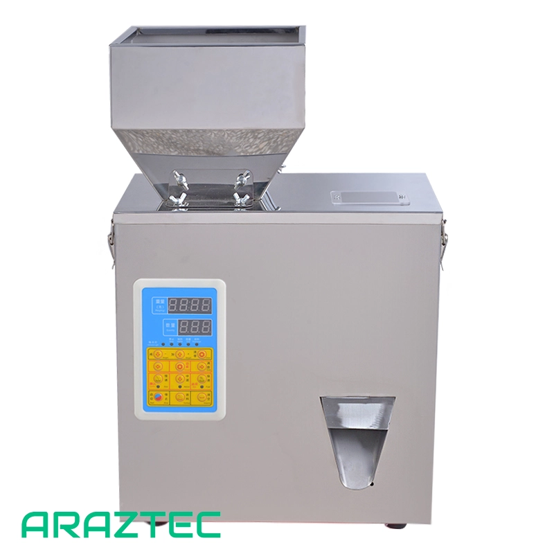 دستگاه پرکن پودر و گرانول 1 الی 200 گرم دارای سنسور چشمی، پدال، ویبره و کاپ تخلیه استیل مدل FP1 آرازتک