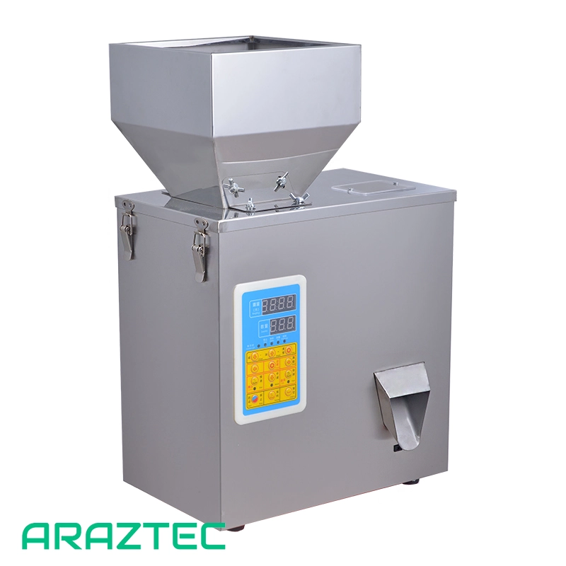 دستگاه پرکن پودر و گرانول 1 الی 200 گرم دارای سنسور چشمی، پدال، ویبره و کاپ تخلیه استیل مدل FP1 آرازتک