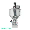 دستگاه پرکن مایعات رقیق و غلیظ پنوماتیک به همراه مخزن مخصوص دارای همزن و سیستم گرمکن ظرفیت 30 الی 500 میلی لیتر مدل F12 آرازتک