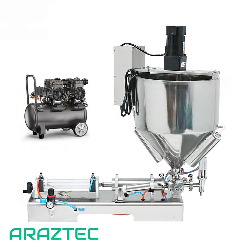 دستگاه پرکن مایعات رقیق و غلیظ پنوماتیک به همراه مخزن مخصوص دارای همزن و سیستم گرمکن ظرفیت 30 الی 500 میلی لیتر مدل F12 آرازتک