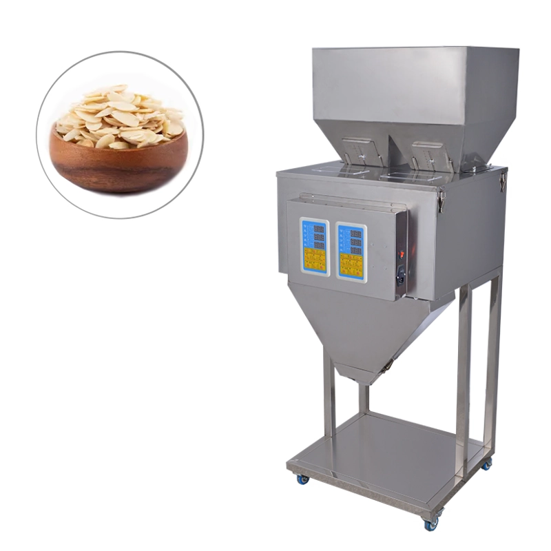 دستگاه پرکن پودر و گرانول 10 الی 1000 گرم دو توزین دارای پدال، ویبره، کنترل دریچه و کاپ تخلیه استیل مدل FP21 آرازتک