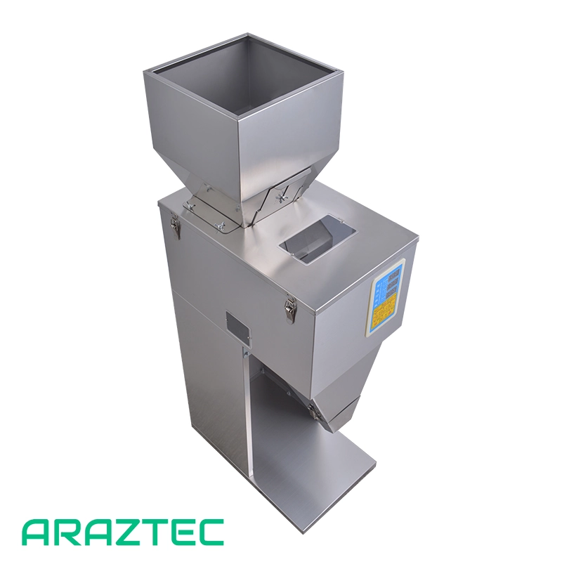 دستگاه پرکن پودر و گرانول 10 الی 1500 گرم دارای پدال، ویبره، کنترل دریچه و کاپ تخلیه استیل مدل FP19 آرازتک