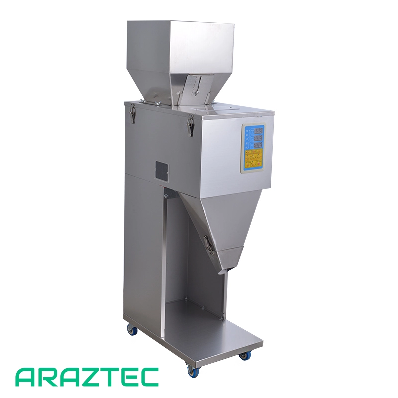 دستگاه پرکن پودر و گرانول 10 الی 1500 گرم دارای پدال، ویبره، کنترل دریچه و کاپ تخلیه استیل مدل FP19 آرازتک