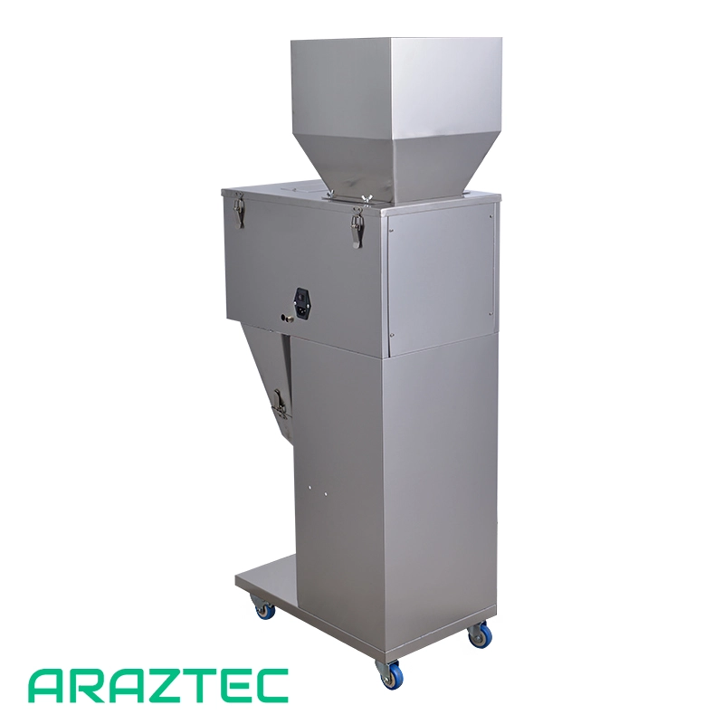 دستگاه پرکن پودر و گرانول 10 الی 1500 گرم دارای پدال، ویبره، کنترل دریچه و کاپ تخلیه استیل مدل FP19 آرازتک