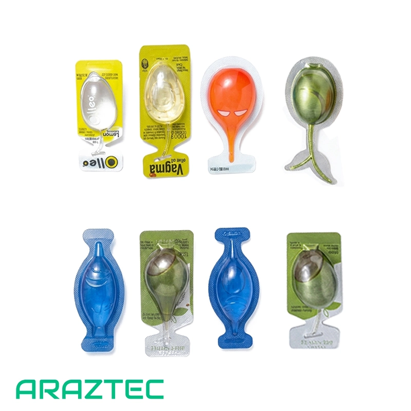 دستگاه بسته‌بندی ساشه روغن زیتون با طرح میوه زیتون مدل TFFS-1 آرازتک