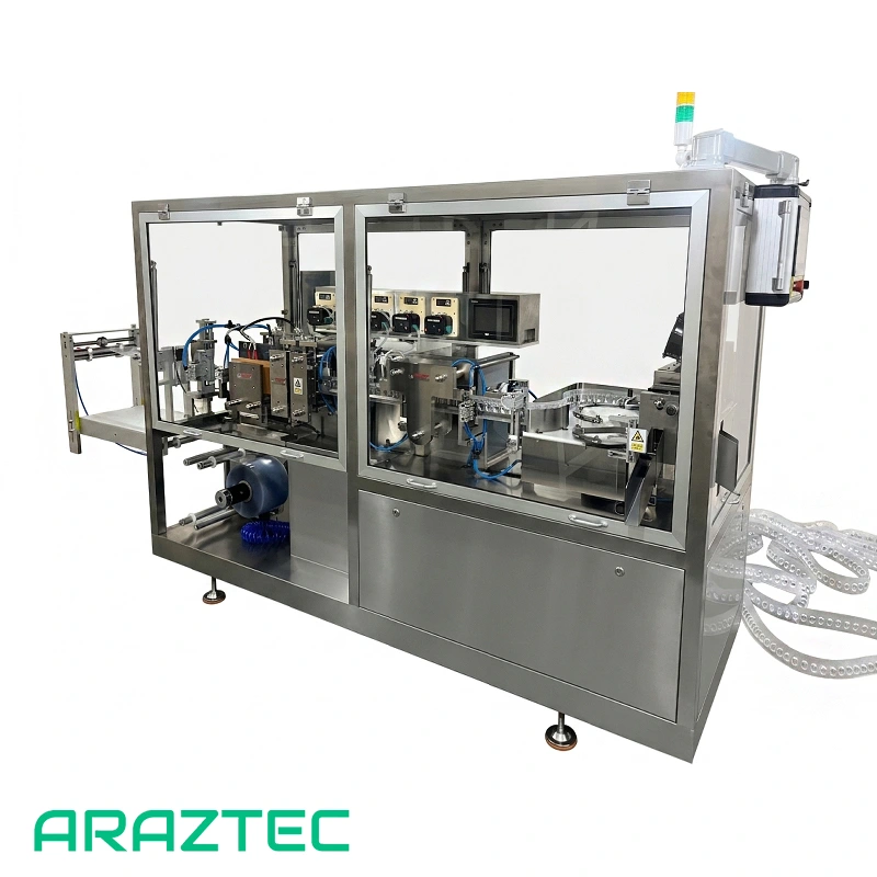 دستگاه بسته‌بندی ساشه روغن زیتون با طرح میوه زیتون مدل TFFS-1 آرازتک
