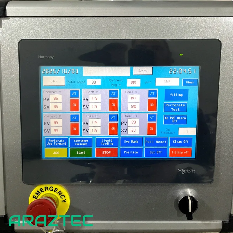 دستگاه بسته‌بندی ساشه روغن زیتون با طرح میوه زیتون مدل TFFS-1 آرازتک